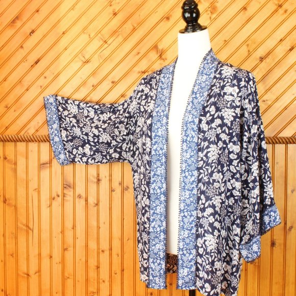 Westport Duster Medium Blue White Floral Print Hip Jacket Cover-Up Boho SW30 - Picture 5 of 6